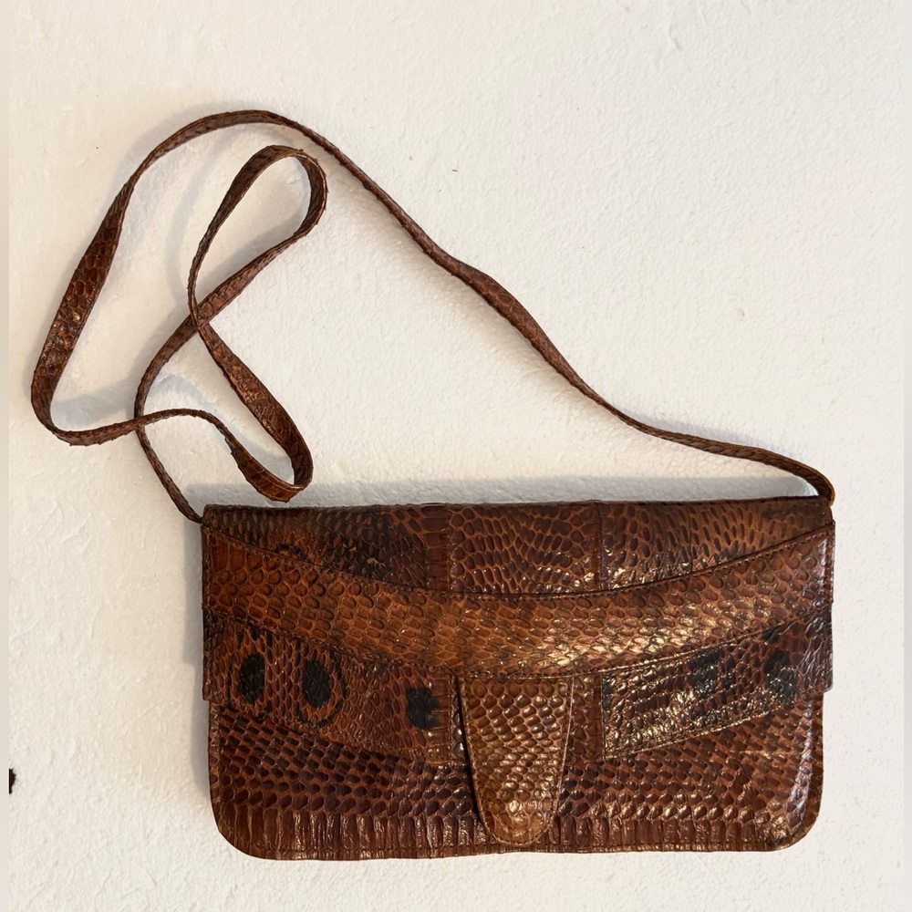 Snakeskin Leather Envelope Clutch Convertible Crossbody Bag Brown Vintage